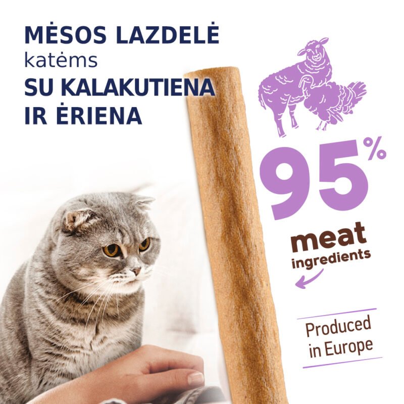 Aukščiausios rūšies kramtalai, mėsos lazdelės: su kalukutiena ir dideliu kiekiu ėrienos. Pašaro papildas katėms