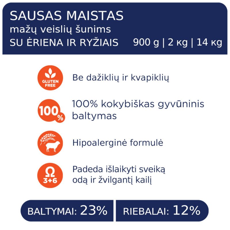 Premium visavertis pašaras suaugusiems mažos veislės šunims "Ėriena ir ryžiai"