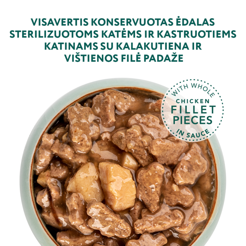 Visavertis konservuotas ėdalas sterilizuotoms katėms ir kastruotiems katinams su kalakutiena ir vištienos file padaže
