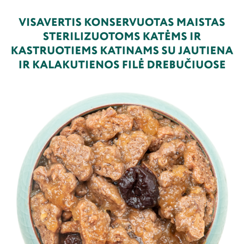 Visavertis konservuotas maistas sterilizuotoms katėms ir kastruotiems katinams su jautiena ir kalakutienos filė drebučiuose